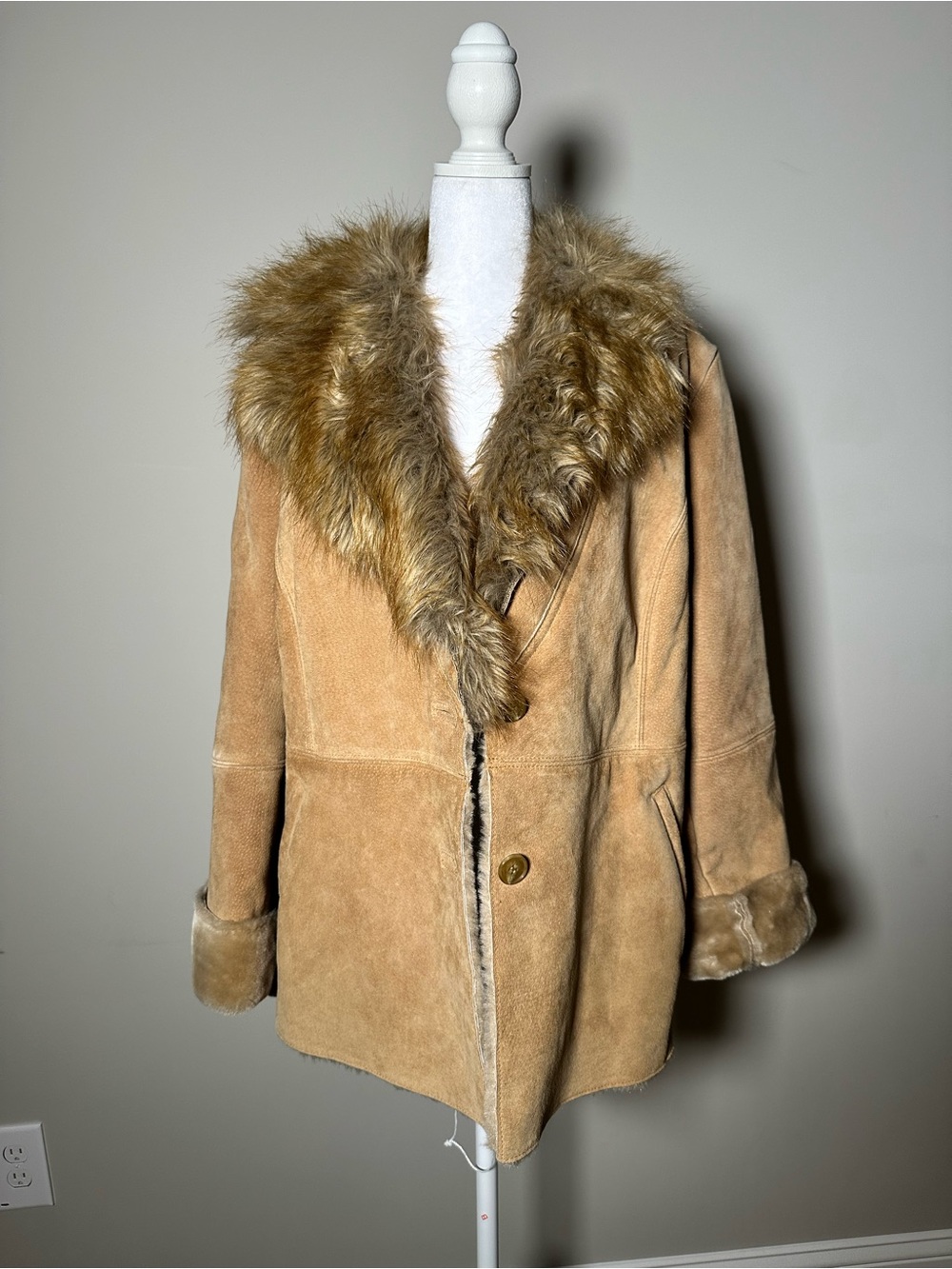 Women's Tan Suede Faux-Shearling Jacket with Fur Trim